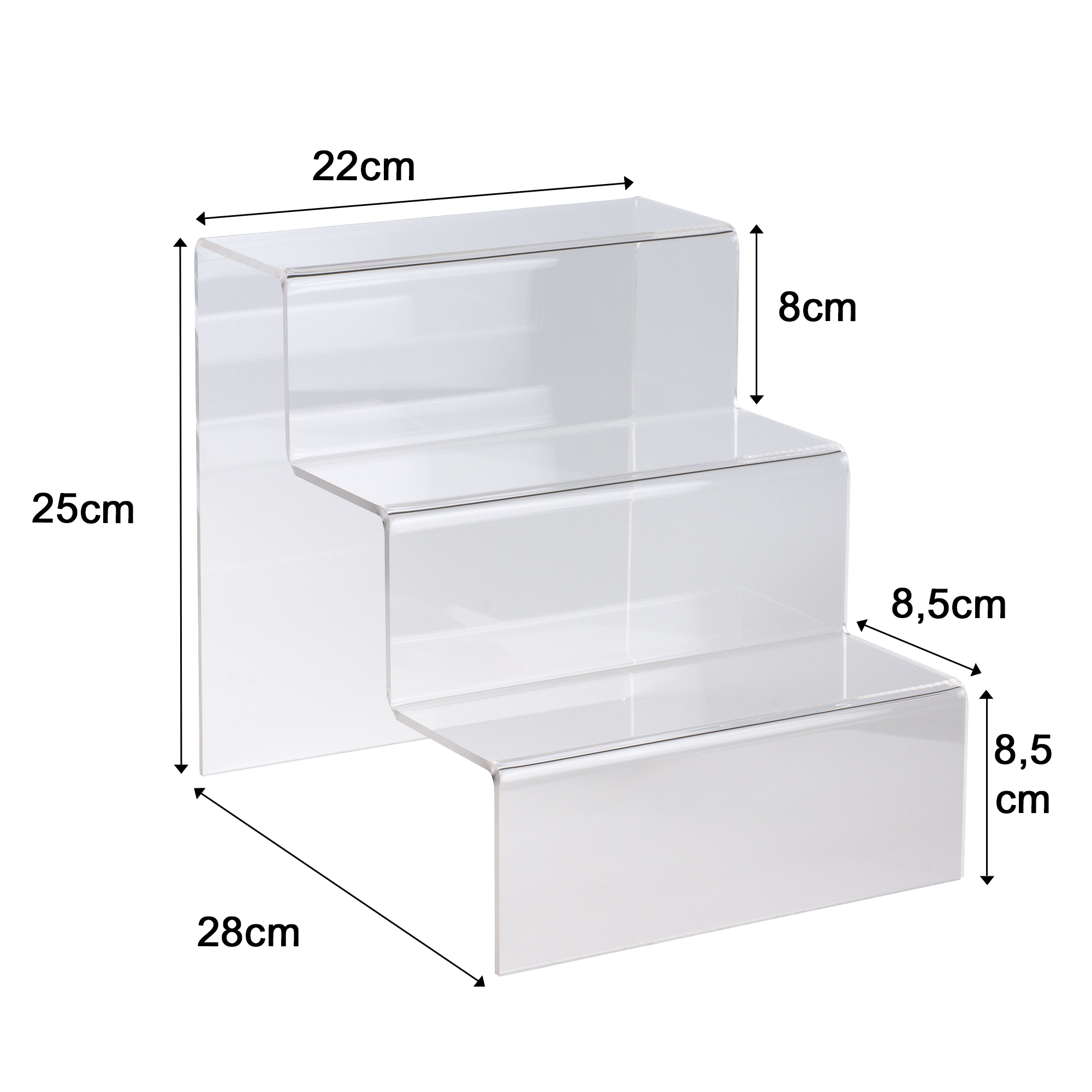 3-stufige Dekotreppe 220 mm breit, 4 mm Acryl, Schaufenster, Deko, Warenträger