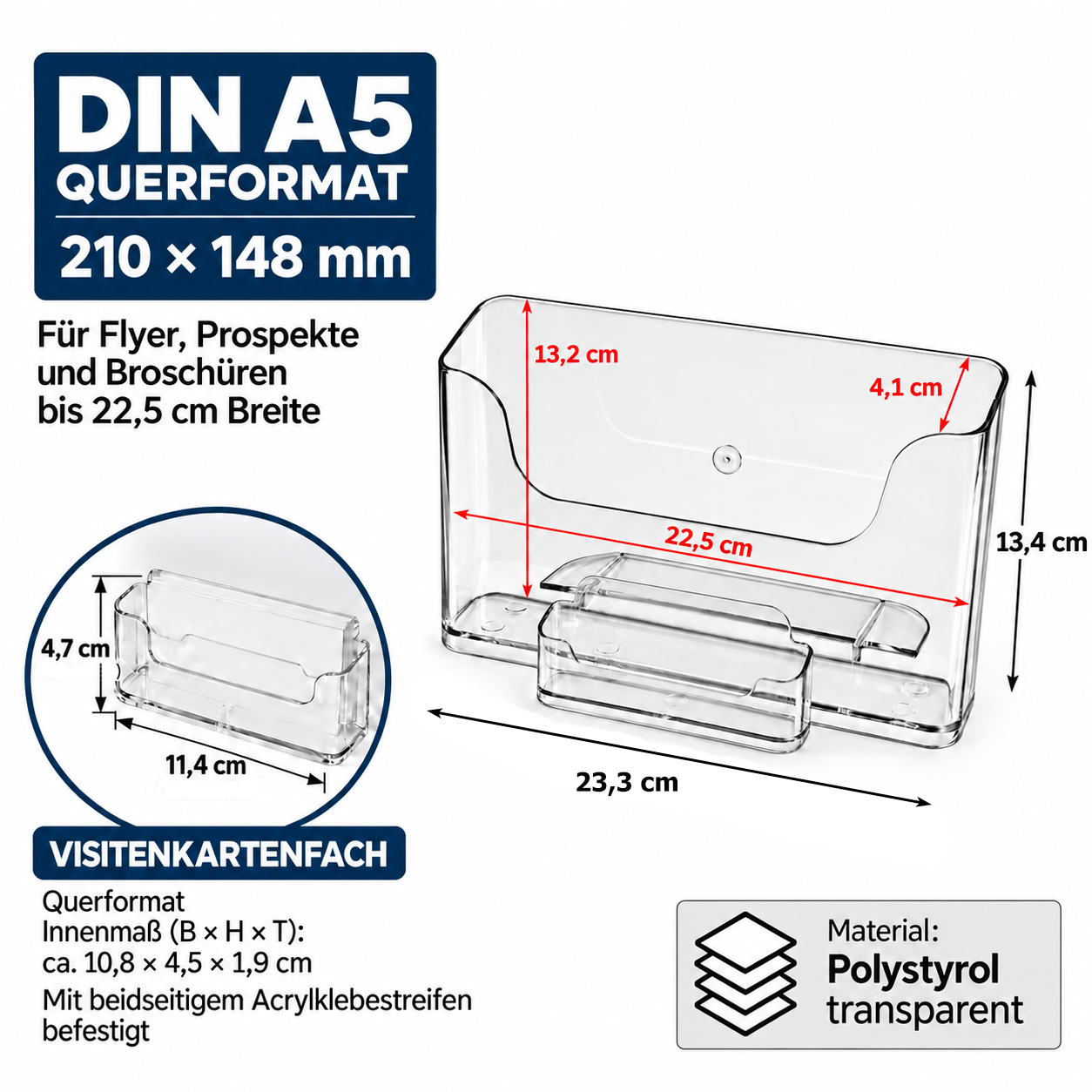 DIN A5 Querformat Prospekthalter mit Visitenkartenständer